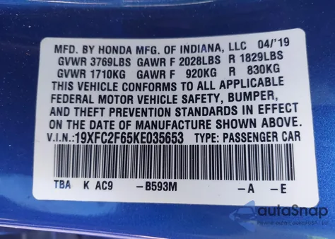 2019 Honda Civic Lx from USA, damaged, VIN 19XFC2F65KE035653